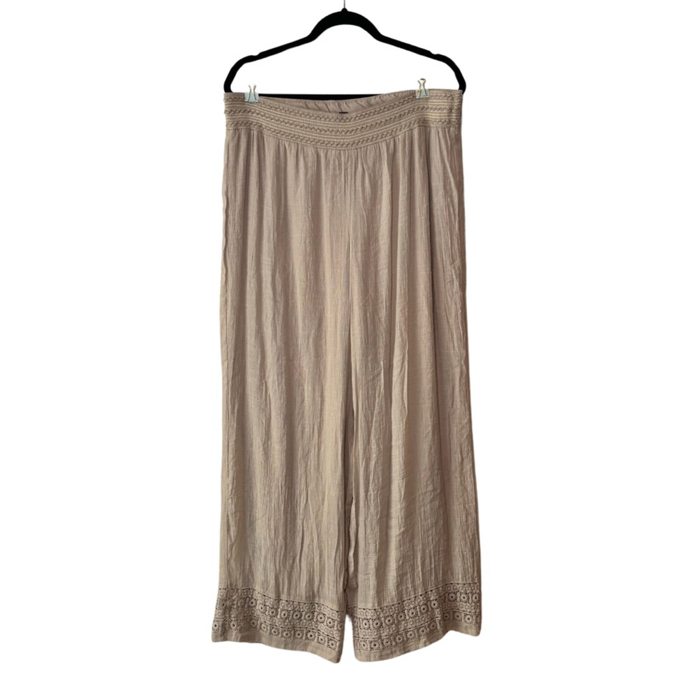JM Collection Women's Crochet-Trim Wide-Leg Pants Sugar Sand